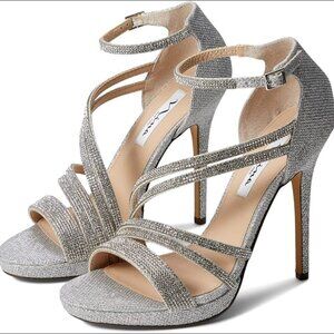 NINA STEEL METALLIC TEXTURED STRAPPY STILETTO PLATFORM EVENING SANDAL